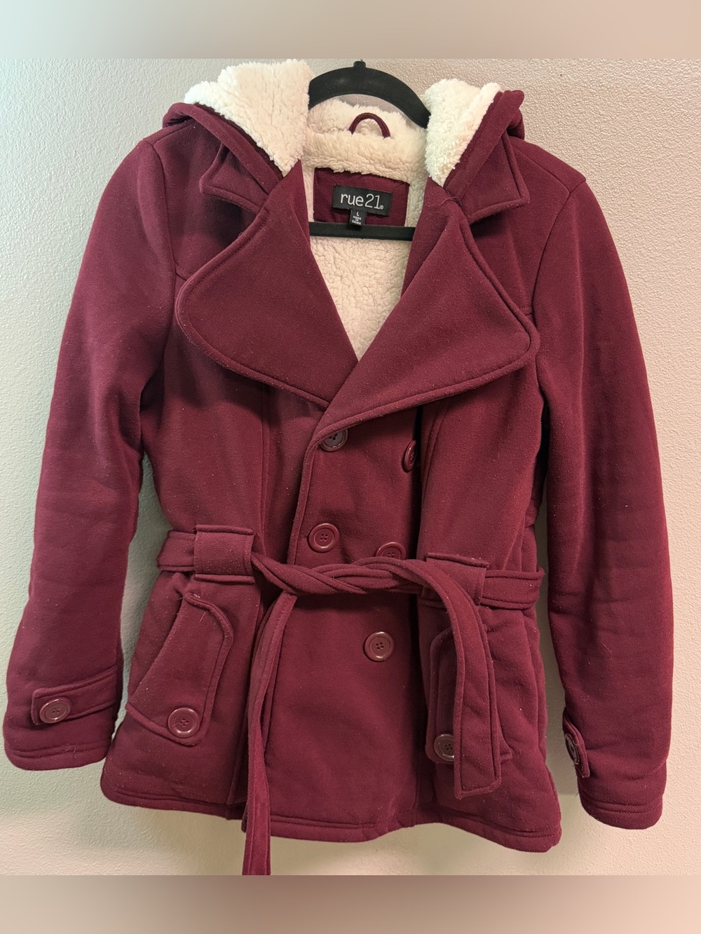 Rue21 Burgundy Sherpa-Lined Belted Pea Coat